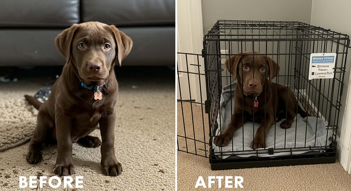 Split image of a restless puppy before training and calm puppy in crate after schedule success