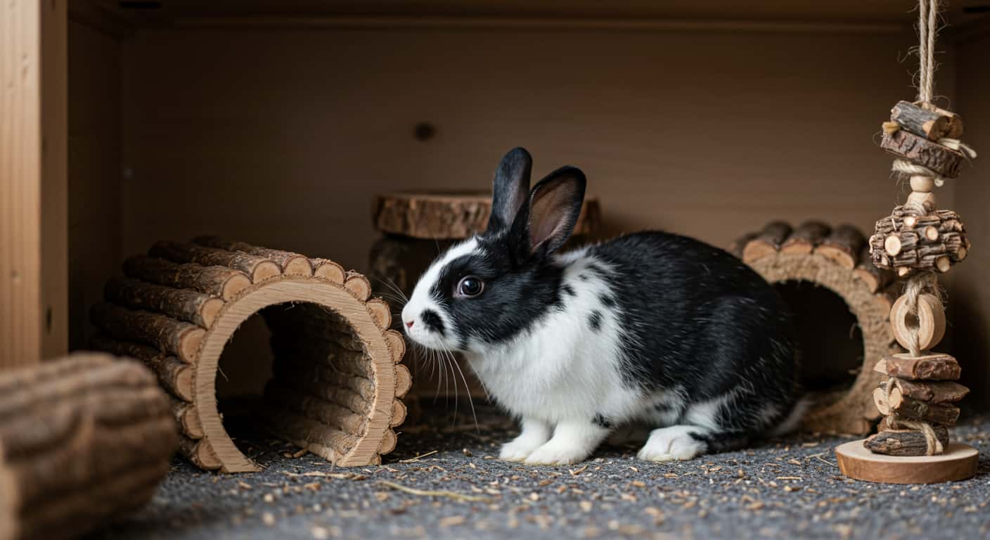Rabbit sniffing around a cozy indoor habitat with tunnels, hidey holes, and wooden chews