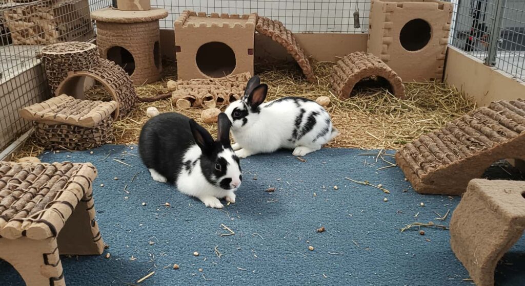 Two rabbits sharing a large enriched habitat with toys, tunnels, and bedding zones