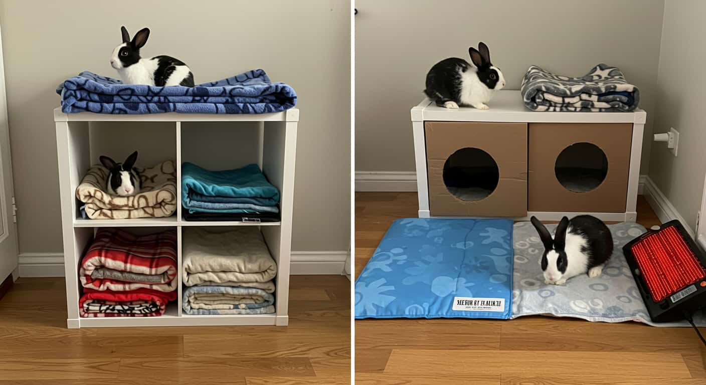 Budget-friendly rabbit enclosure made from storage cubes and cardboard with seasonal add-ons like heating pads