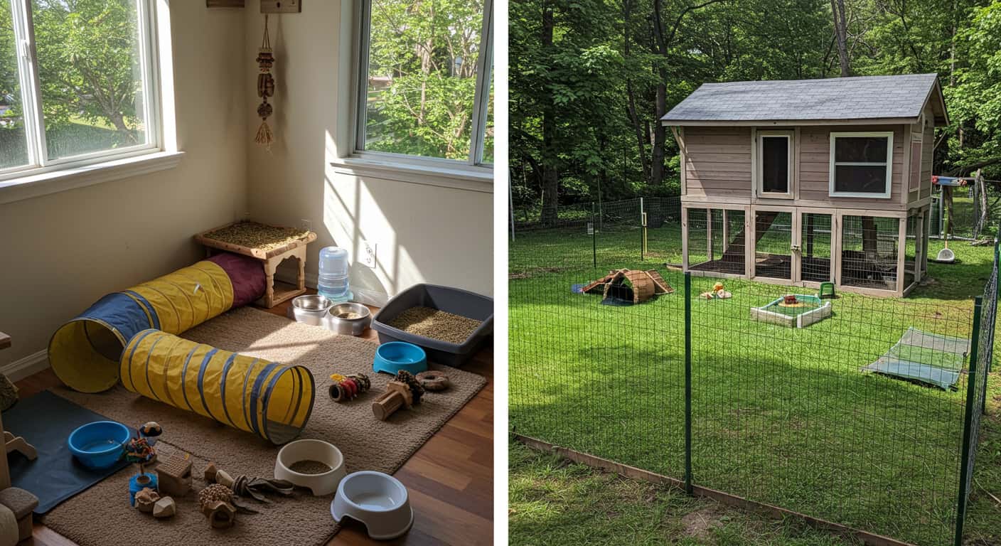 Cozy indoor rabbit enclosure with tunnels and an outdoor hutch setup with grass and fencing