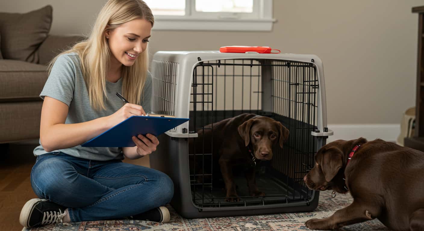 Smiling woman with her puppy and crate training schedule clipboard