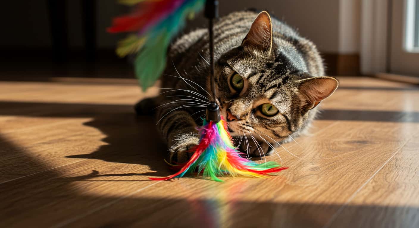 Best toys for indoor cats, tabby cat playing with wand toy