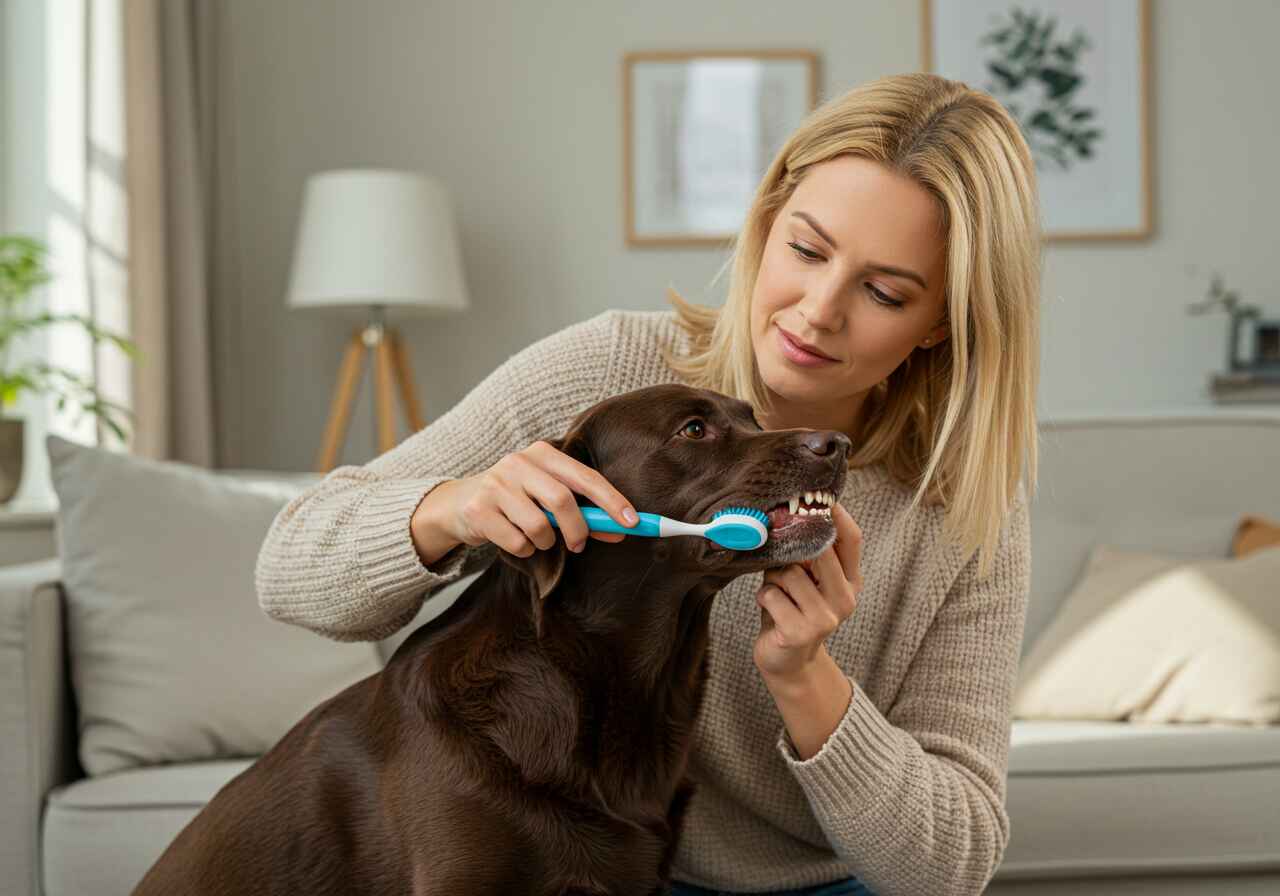 brush your dog's teeth,Dog owner brushing dog's teeth with pet-safe toothbrush