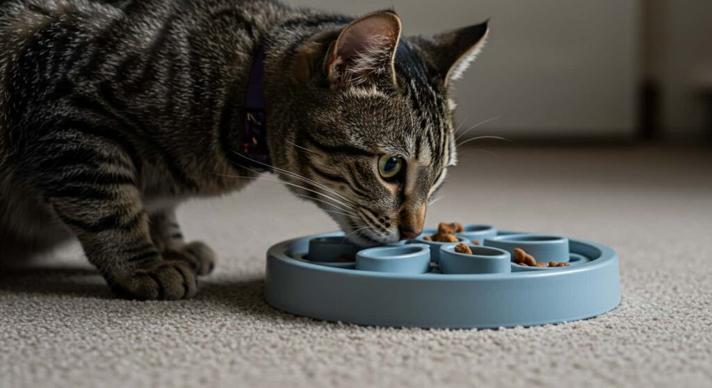 Best toys for indoor cats – cat using treat puzzle