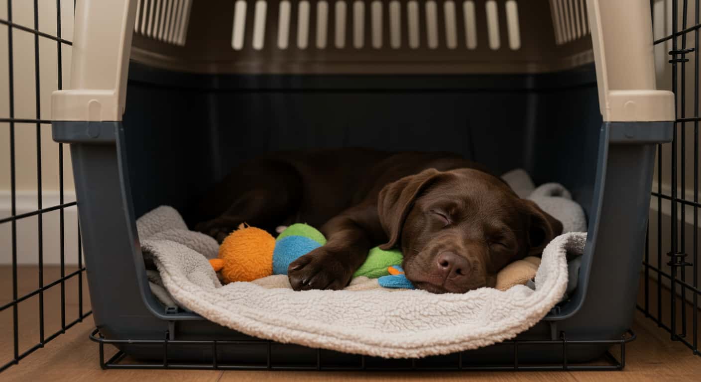 Colorful infographic of puppy crate training schedule with icons for play, meals, and naps