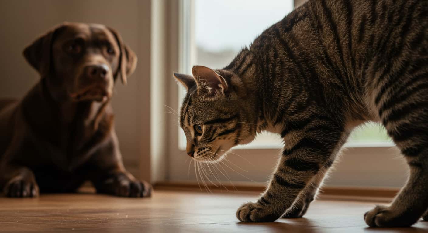 Fluffy white cat showing defensive cat body language