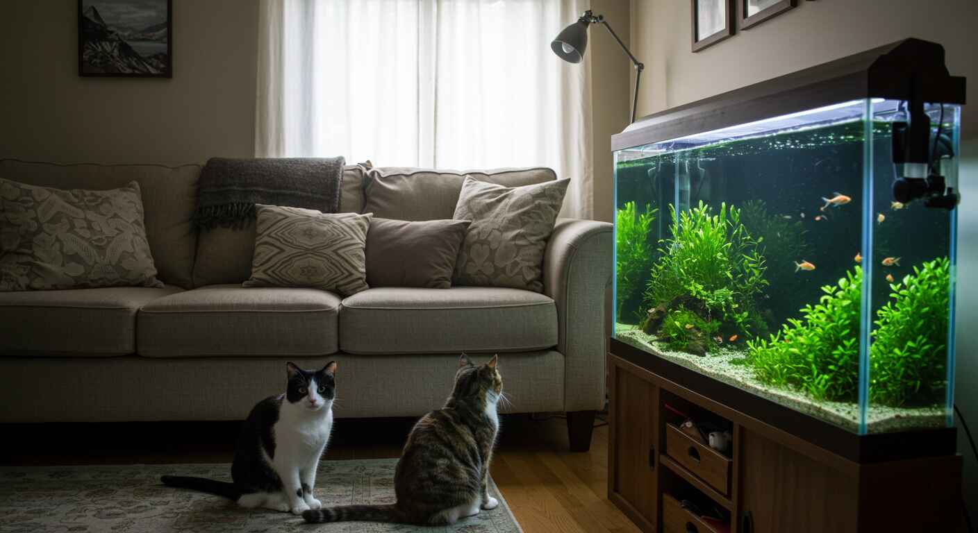 freshwater aquarium in living room and two cats facing it