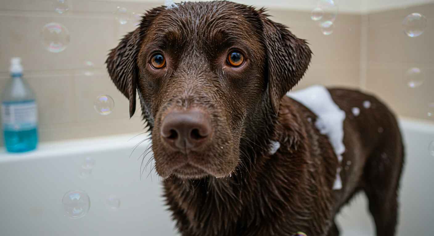 Labrador in bathtub ready for bath – how often should you bathe your dog
