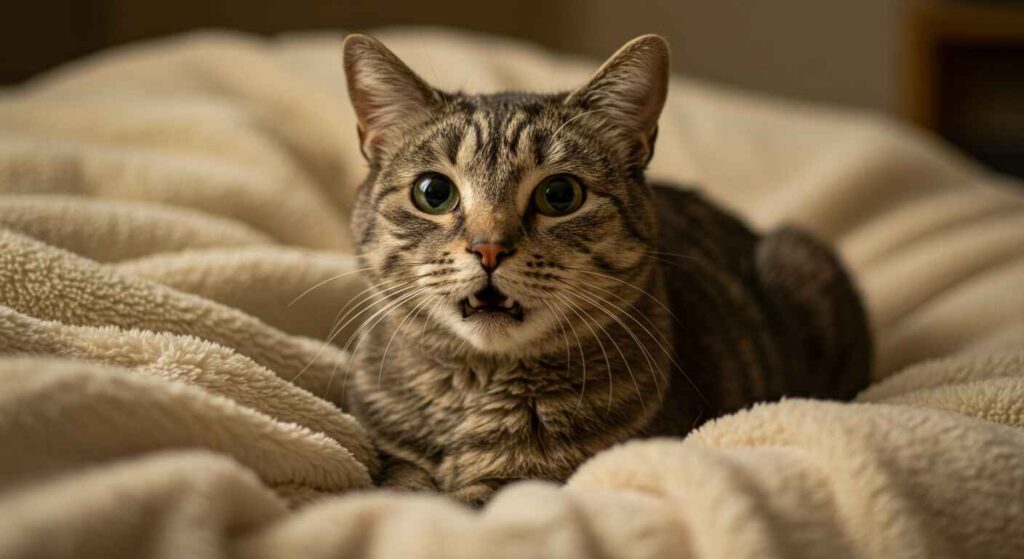 Indoor cat meowing on windowsill looking outside
