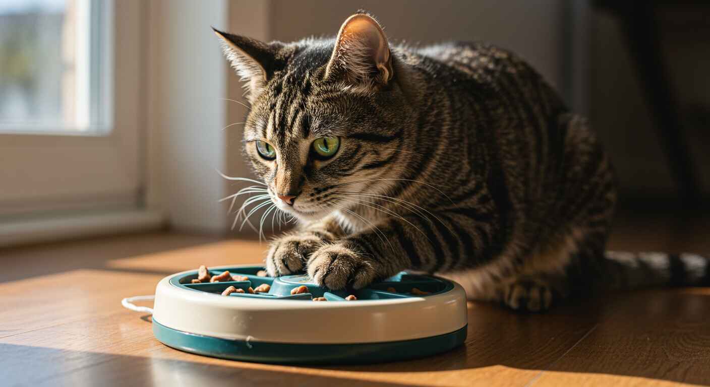 Domestic tabby cat meowing indoors with expressive face
