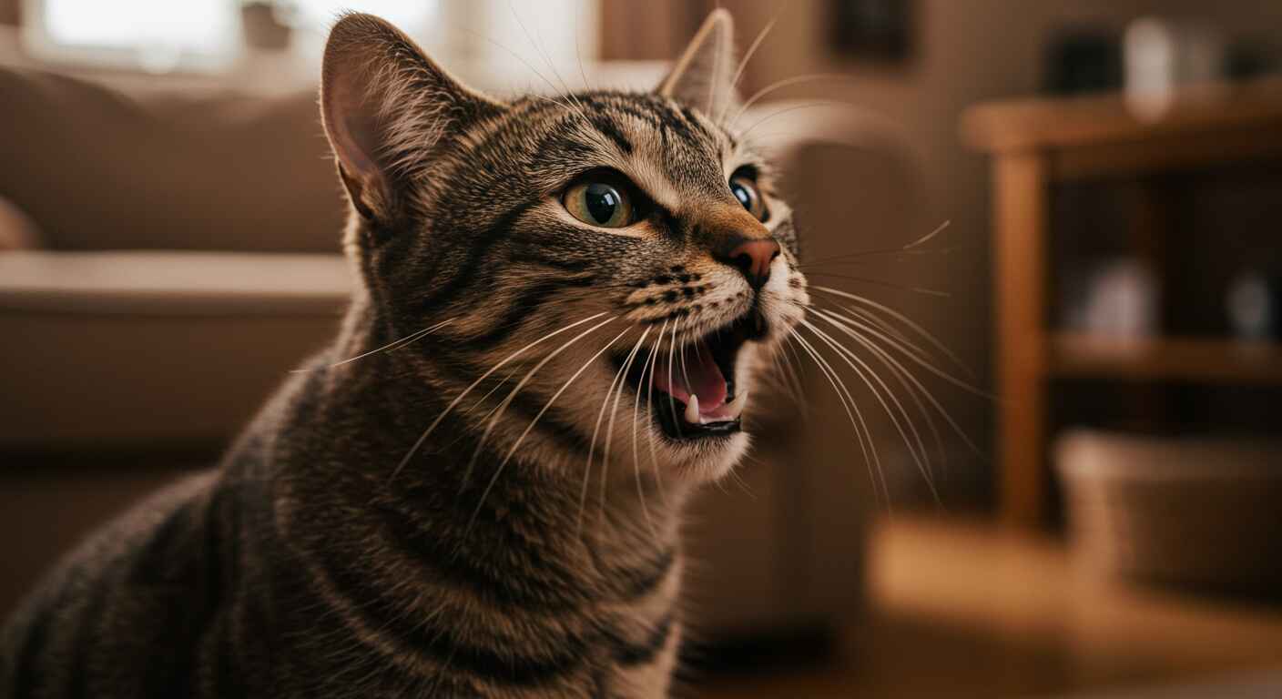 Domestic tabby cat meowing indoors with expressive face