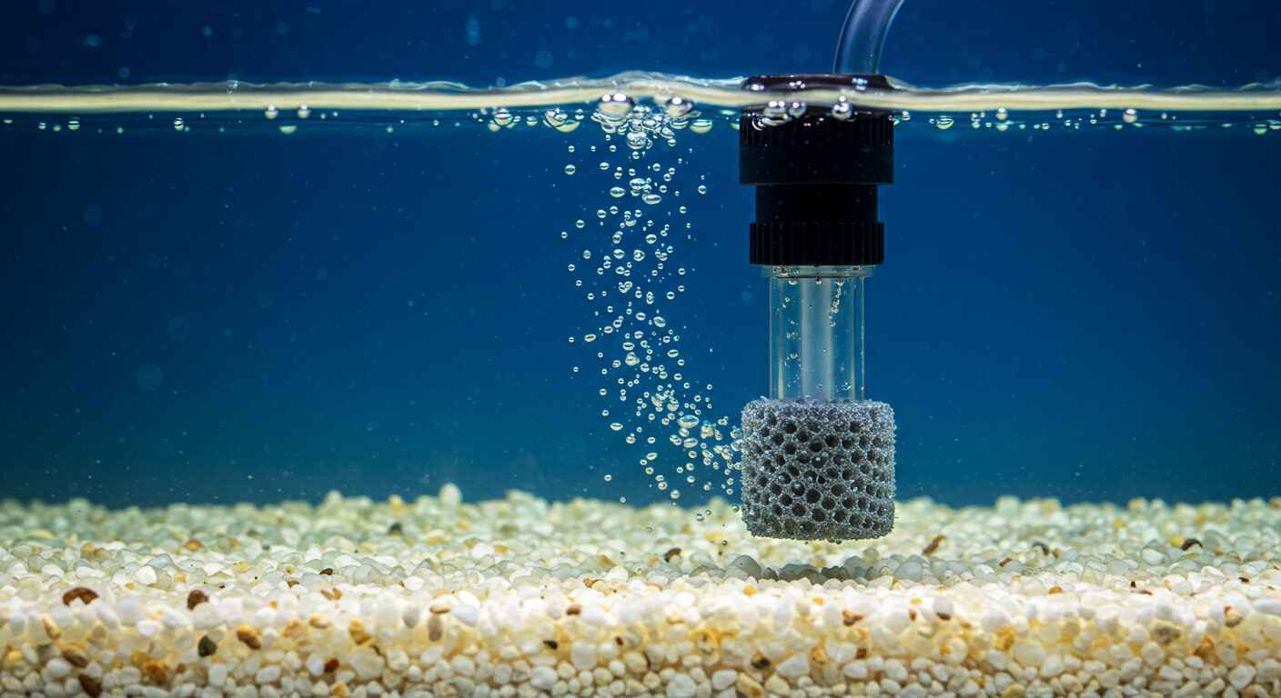 Air stone increasing oxygen levels in fish tank