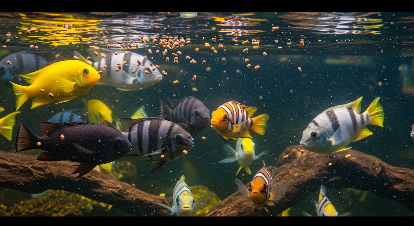 Tropical fish feeding at the water surface during aquarium feeding time