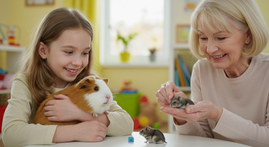 Guinea pig cuddles vs. independent hamster play