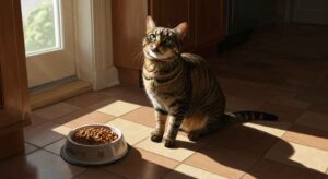 Tabby cat waiting for daily meal in kitchen – how much should you feed your cat daily