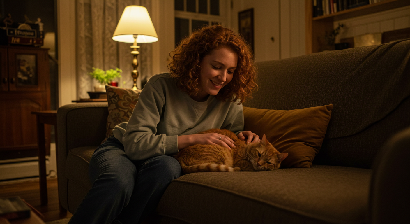Orange tabby cat named Luna bonding with her adopter at home