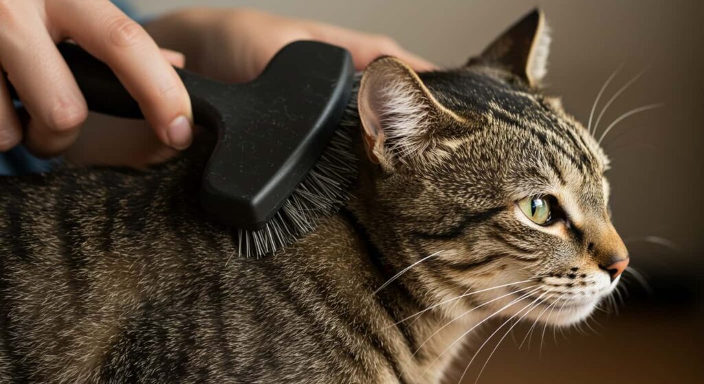 Tabby cat being brushed gently with a slicker brush on a couch