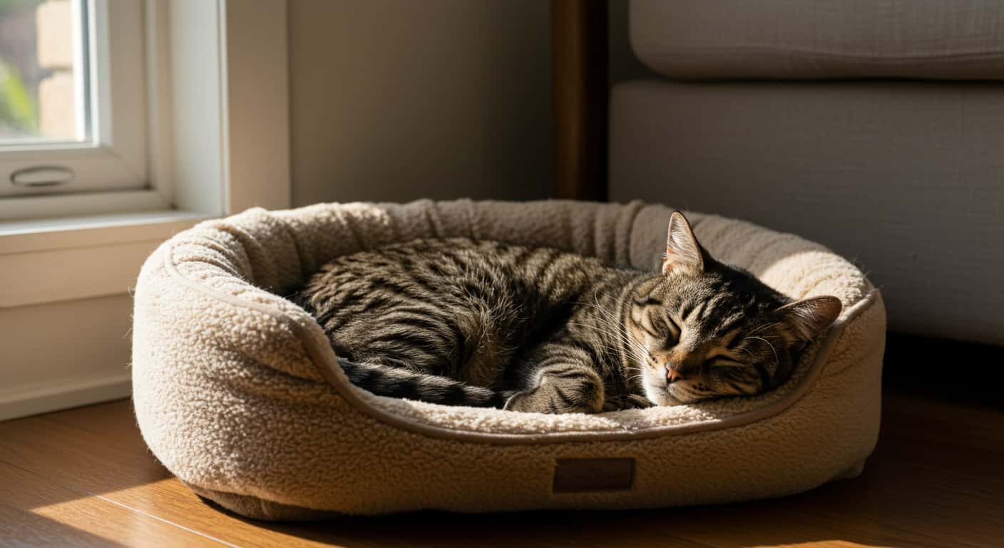 Senior tabby cat sleeping in comfortable bed.