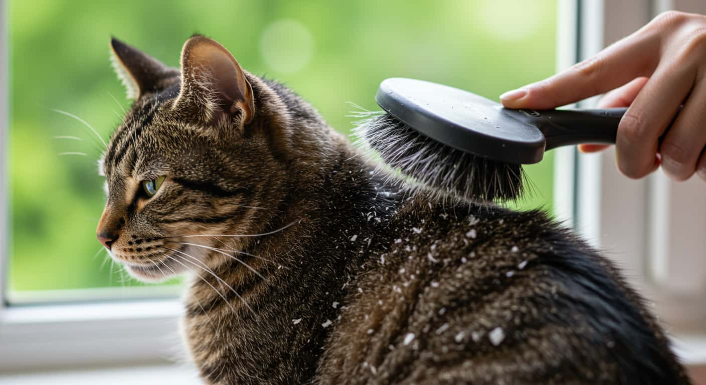 Dandruff on tabby cat’s coat while being brushed