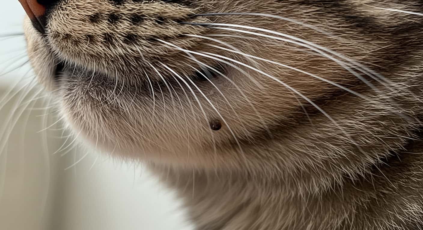 Feline acne under a tabby cat’s chin