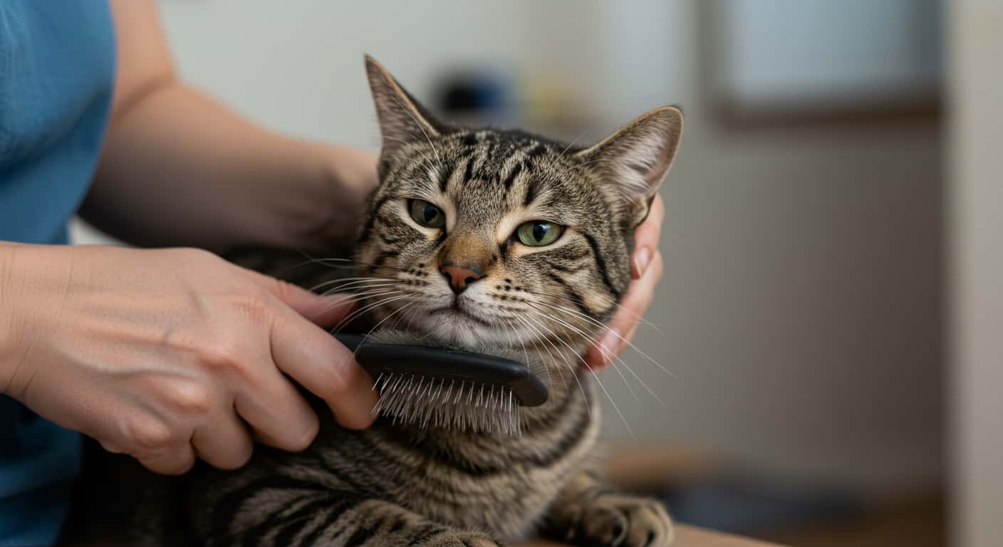 Owner gently grooming senior tabby cat.