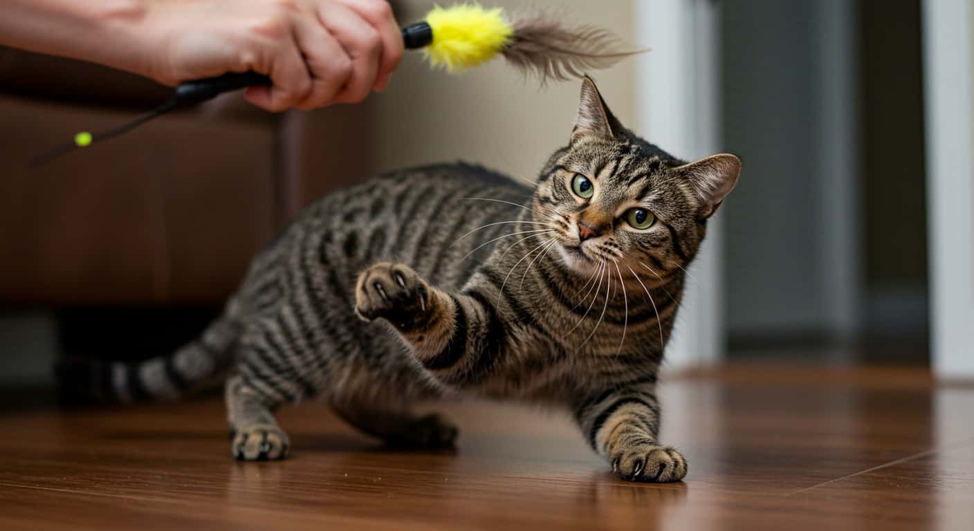 Gentle playtime with senior tabby cat.