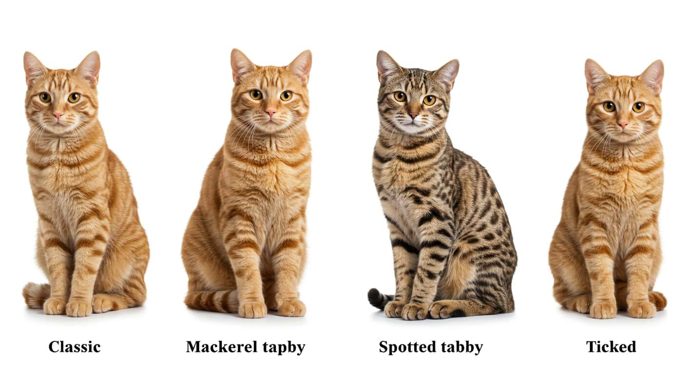 Comparison of orange tabby coat patterns: classic, mackerel, spotted, and ticked