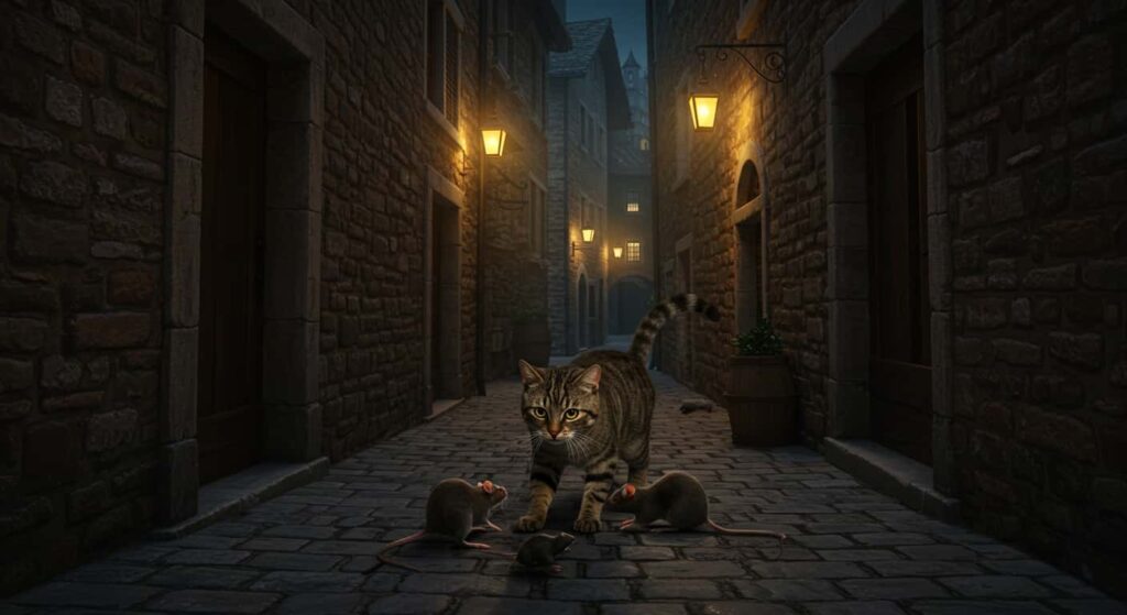 tabby cat hunting rats in medieval Europe