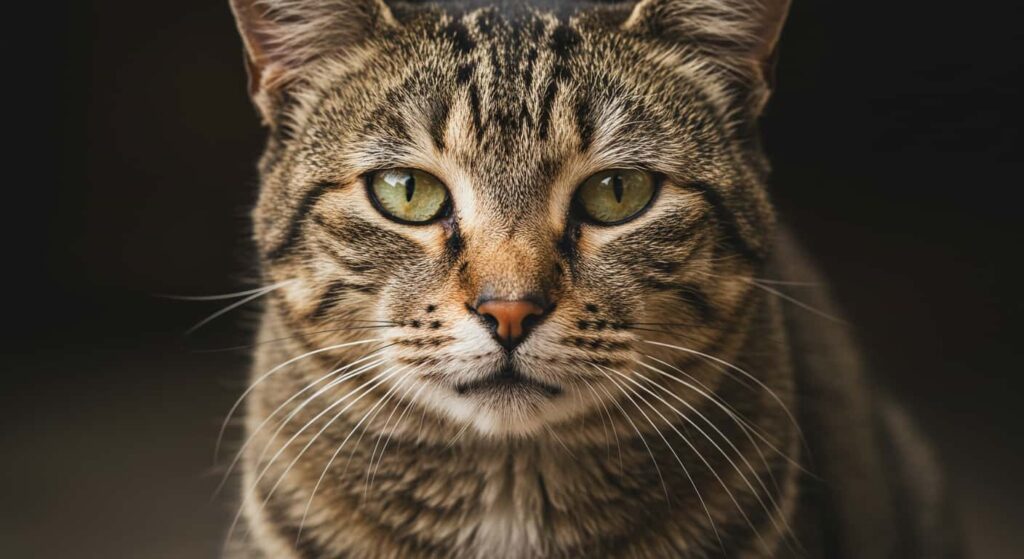 Senior tabby cat carewith "M" marking looking at camera.