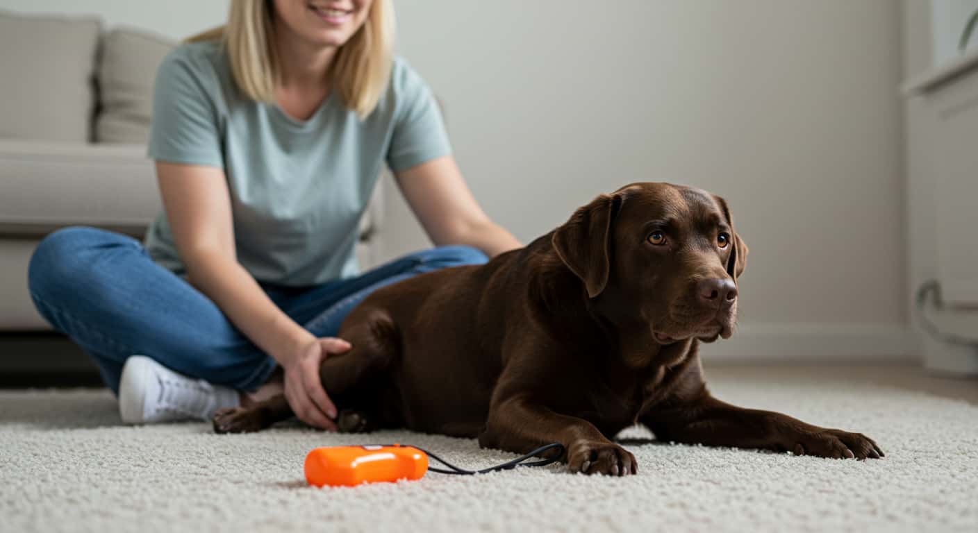 Pet owner relaxing with dog after training session