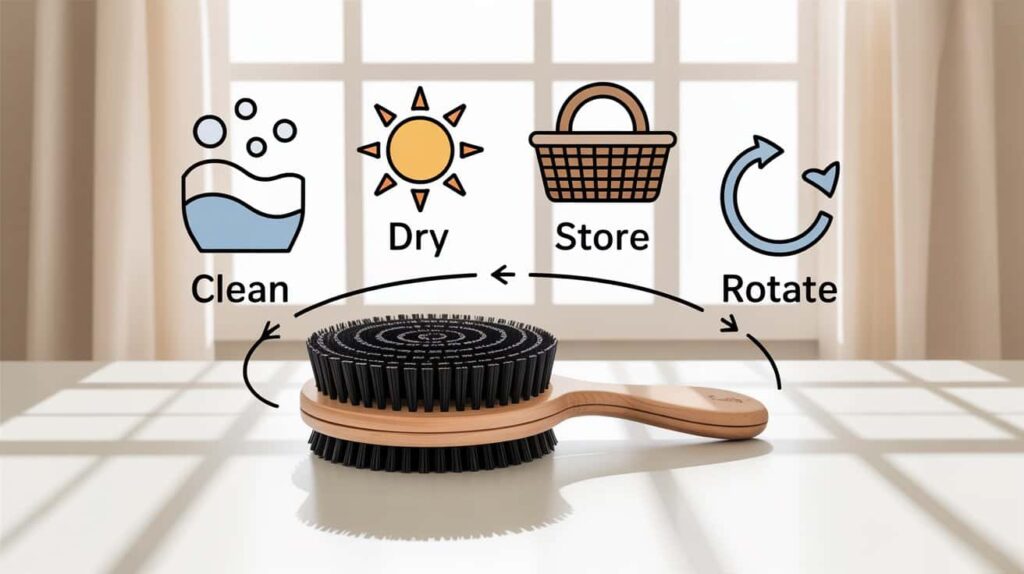 Icons showing how to clean, dry, and store a cat brush