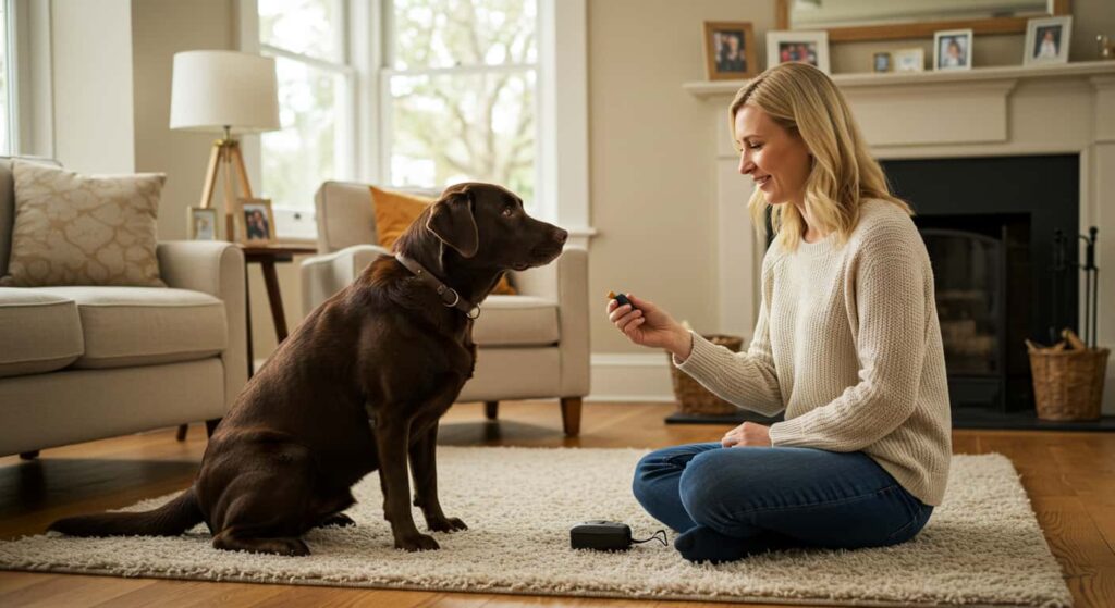 clicker training: a Person charging a clicker while training a Labrador
