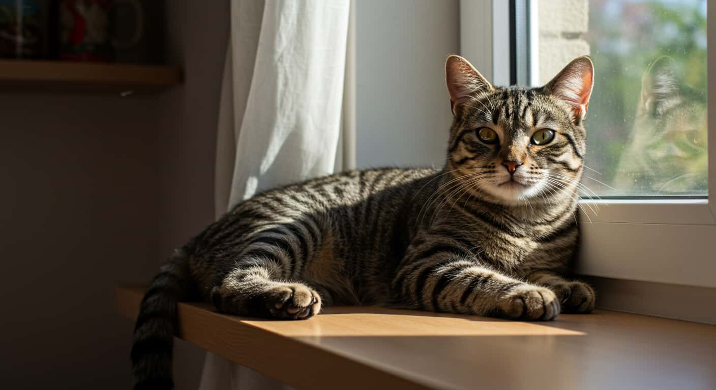 classic tabby cat close-up lying on windowsill