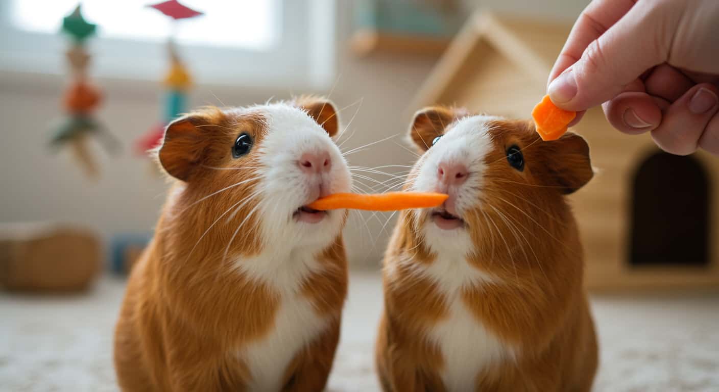 Guinea pigs being trained with clicker and carrot treats