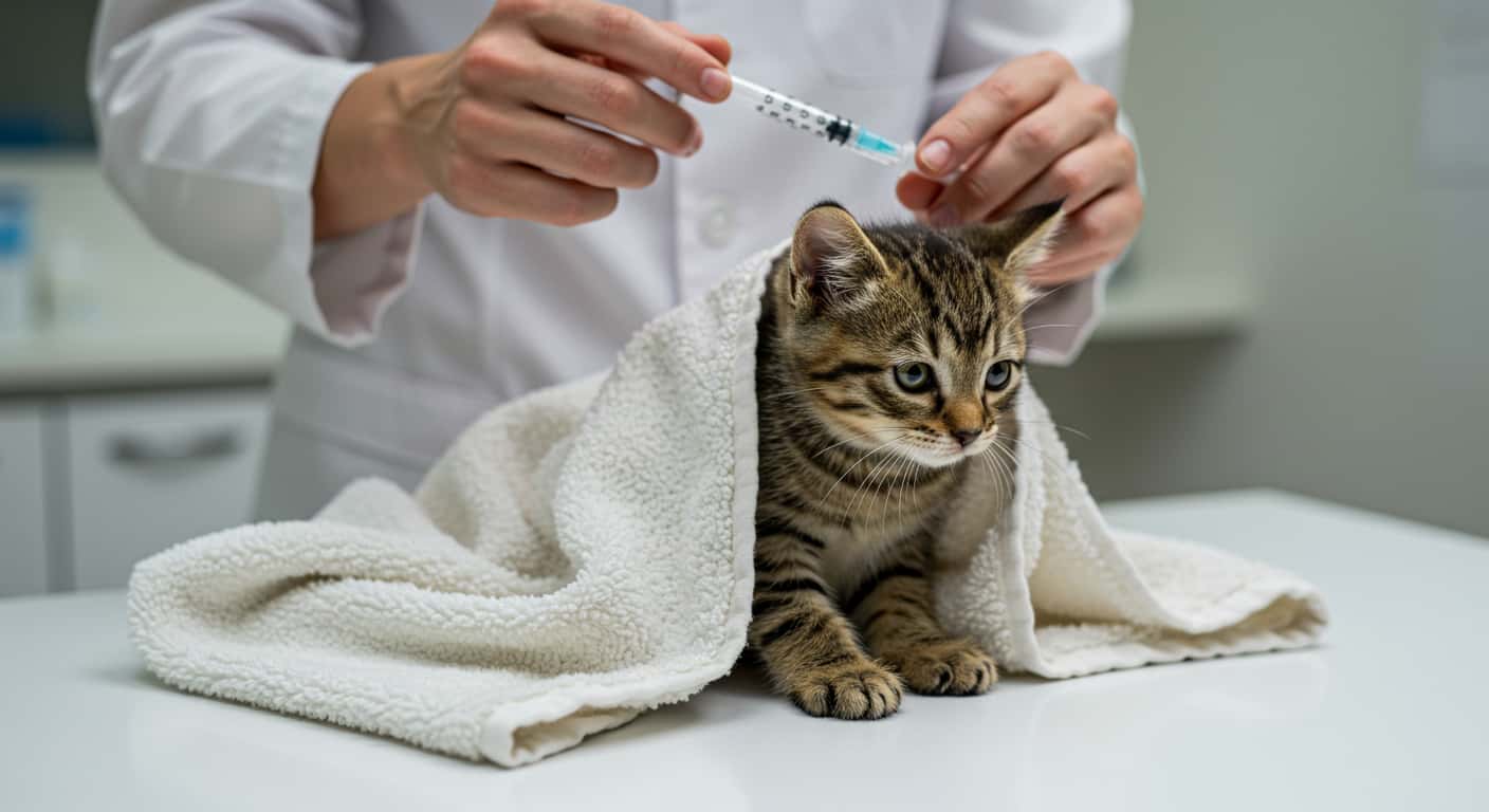 kitten receiving FVRCP vaccine at veterinary clinic