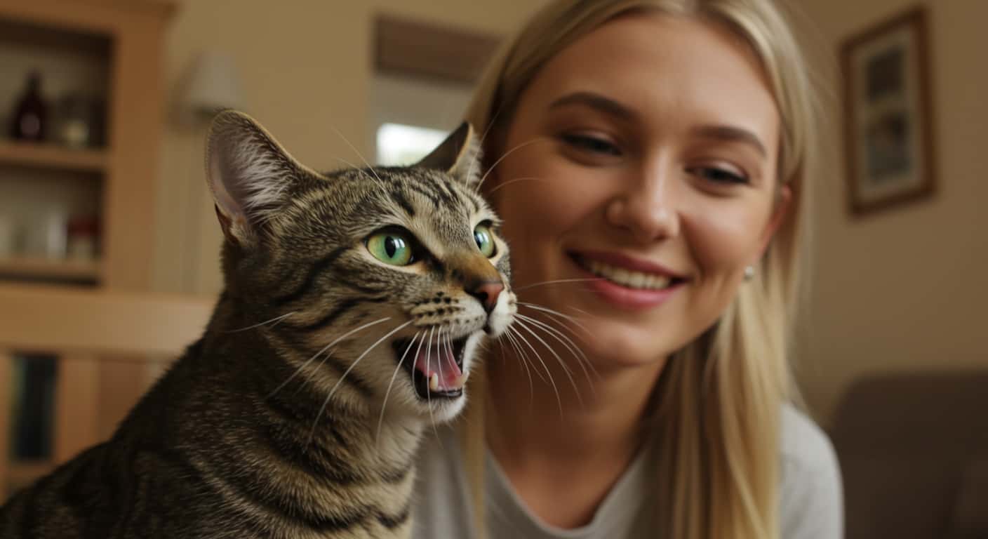 playful orange tabby cat meowing