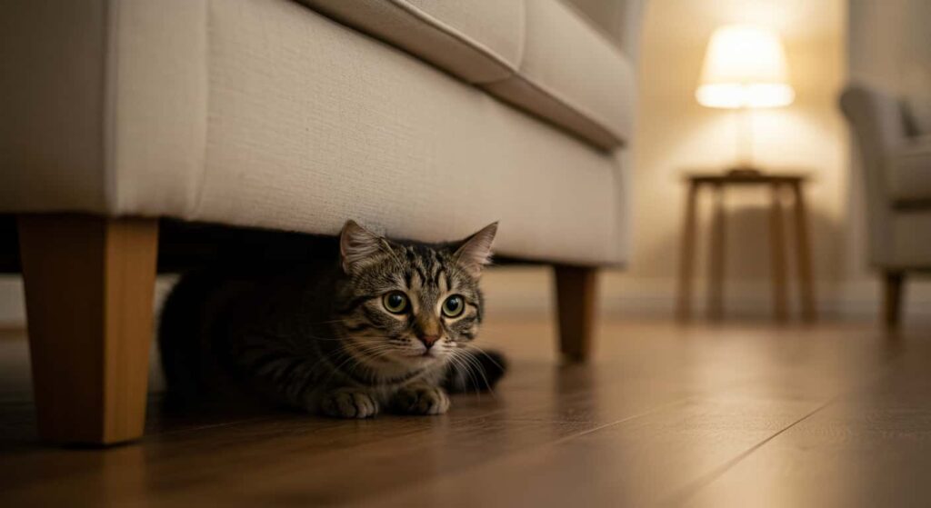 how to bond with a shy tabby hiding under couch