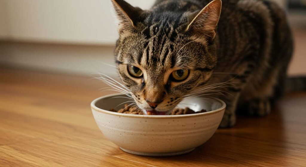 Healthy tabby cat enjoying balanced nutrition from food bowl