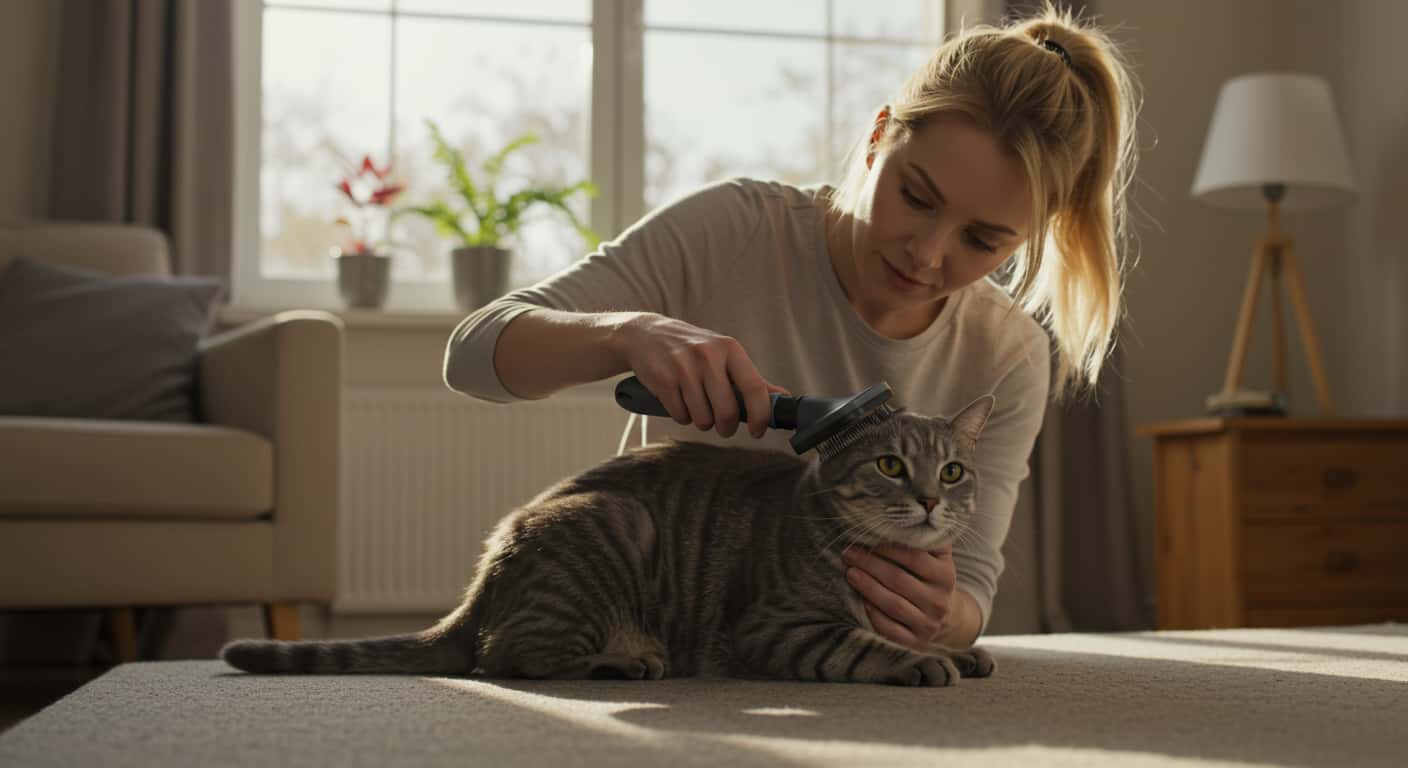 brushing a gray tabby cat