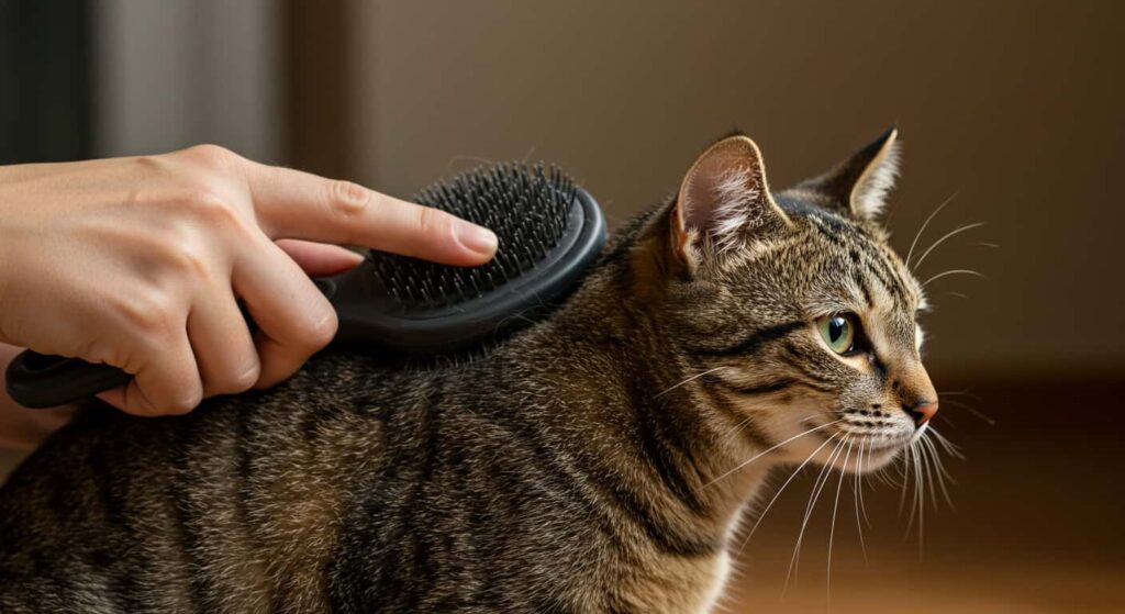 tabby cat grooming with rubber brush