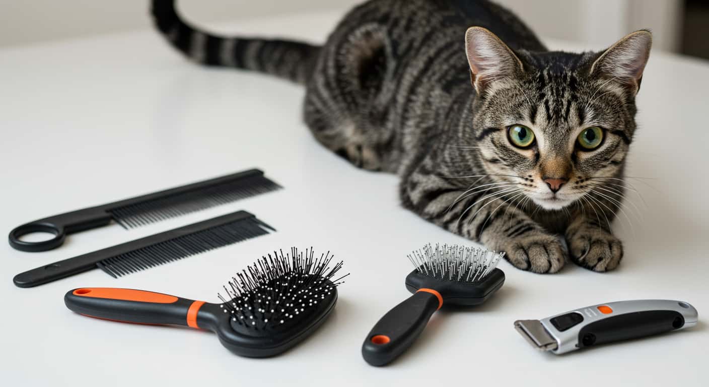 tabby cat grooming tools laid out