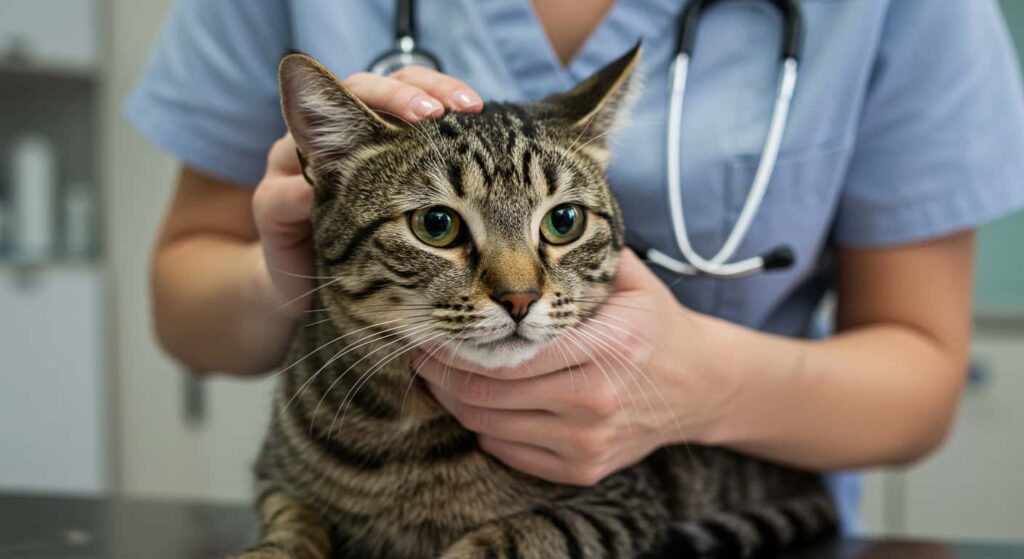 Tabby cat health issues checkup at vet clinic