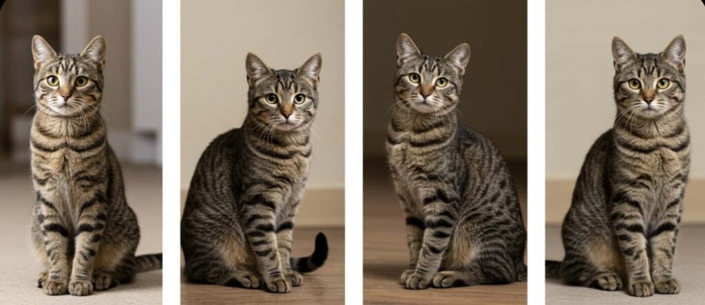 Four brown tabby cat showing classic, mackerel, spotted, and ticked patterns