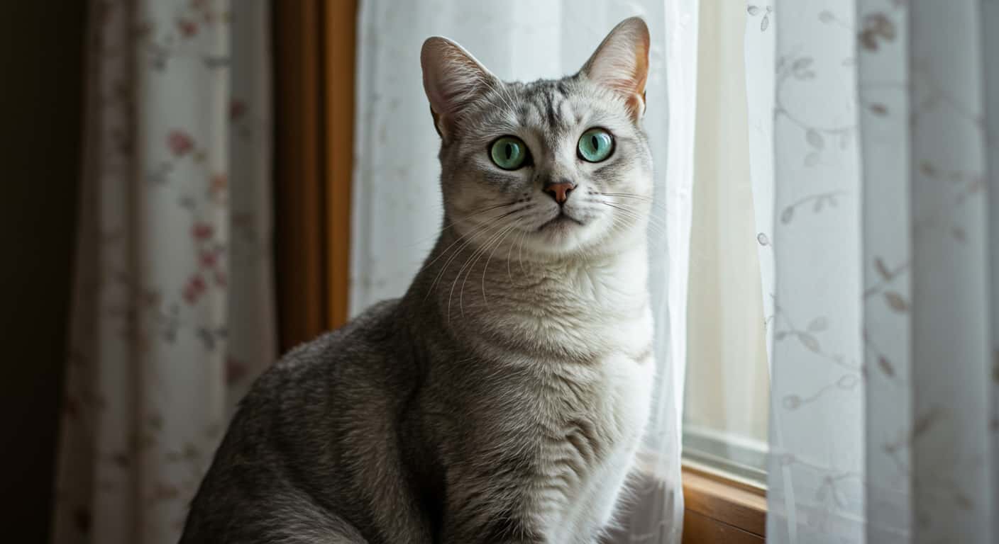 Elegant silver tabby cat named Luna looking out the window