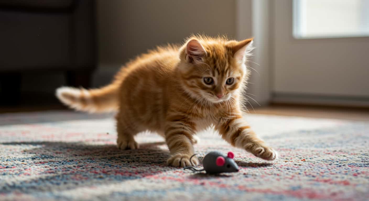 tabby cat names Playful orange tabby kitten named Rusty chasing a toy
