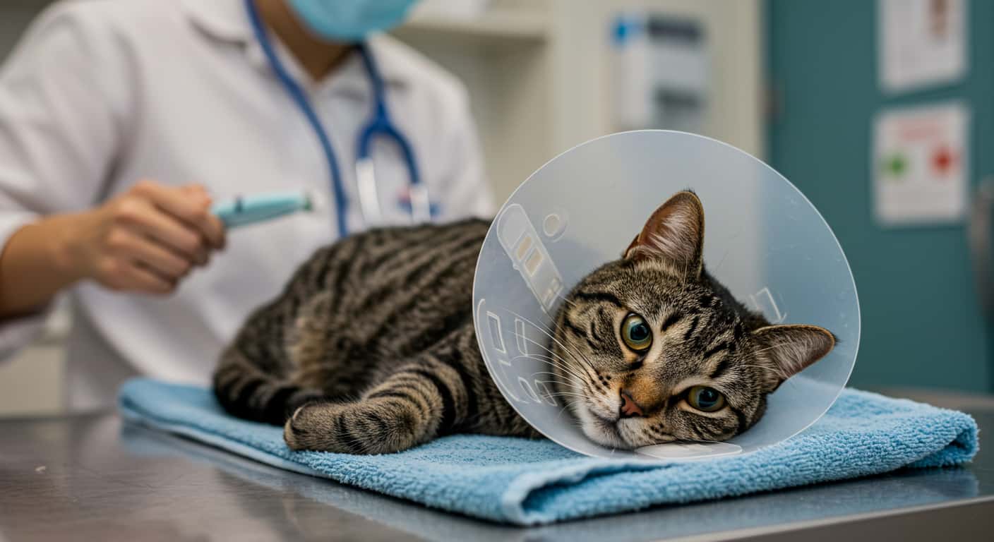 Tabby cat recovering after a dental cleaning at the vet