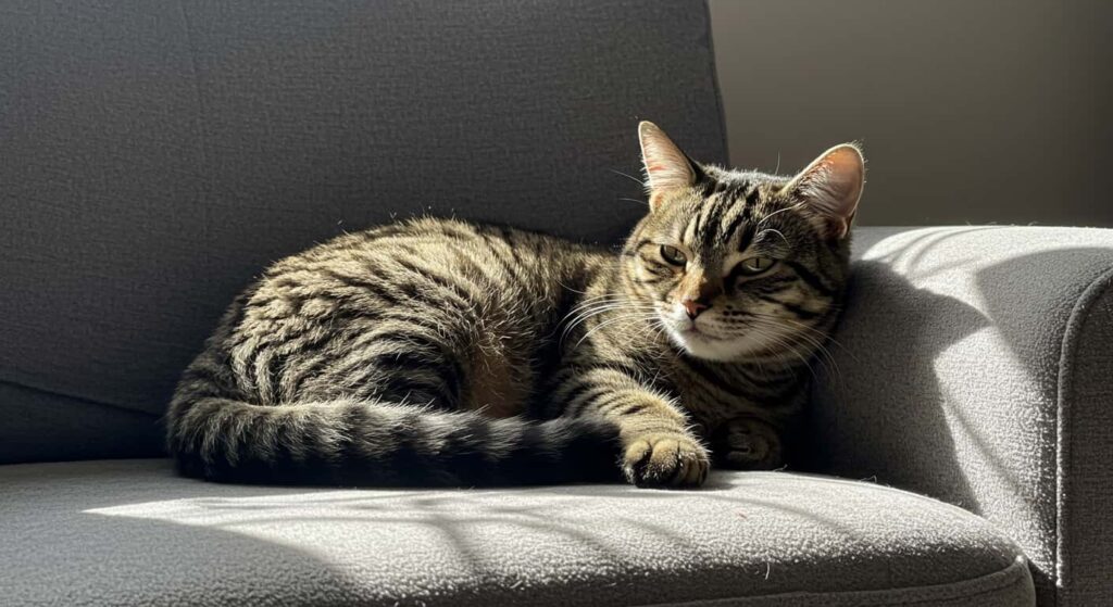 Why is tabby cat shedding so much, Tabby cat resting on a couch with loose fur around it