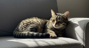 Why is tabby cat shedding so much, Tabby cat resting on a couch with loose fur around it