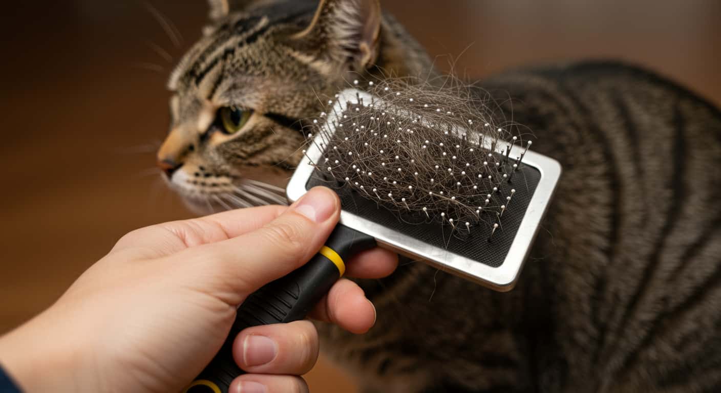 abby cat being brushed with loose fur collected in brush